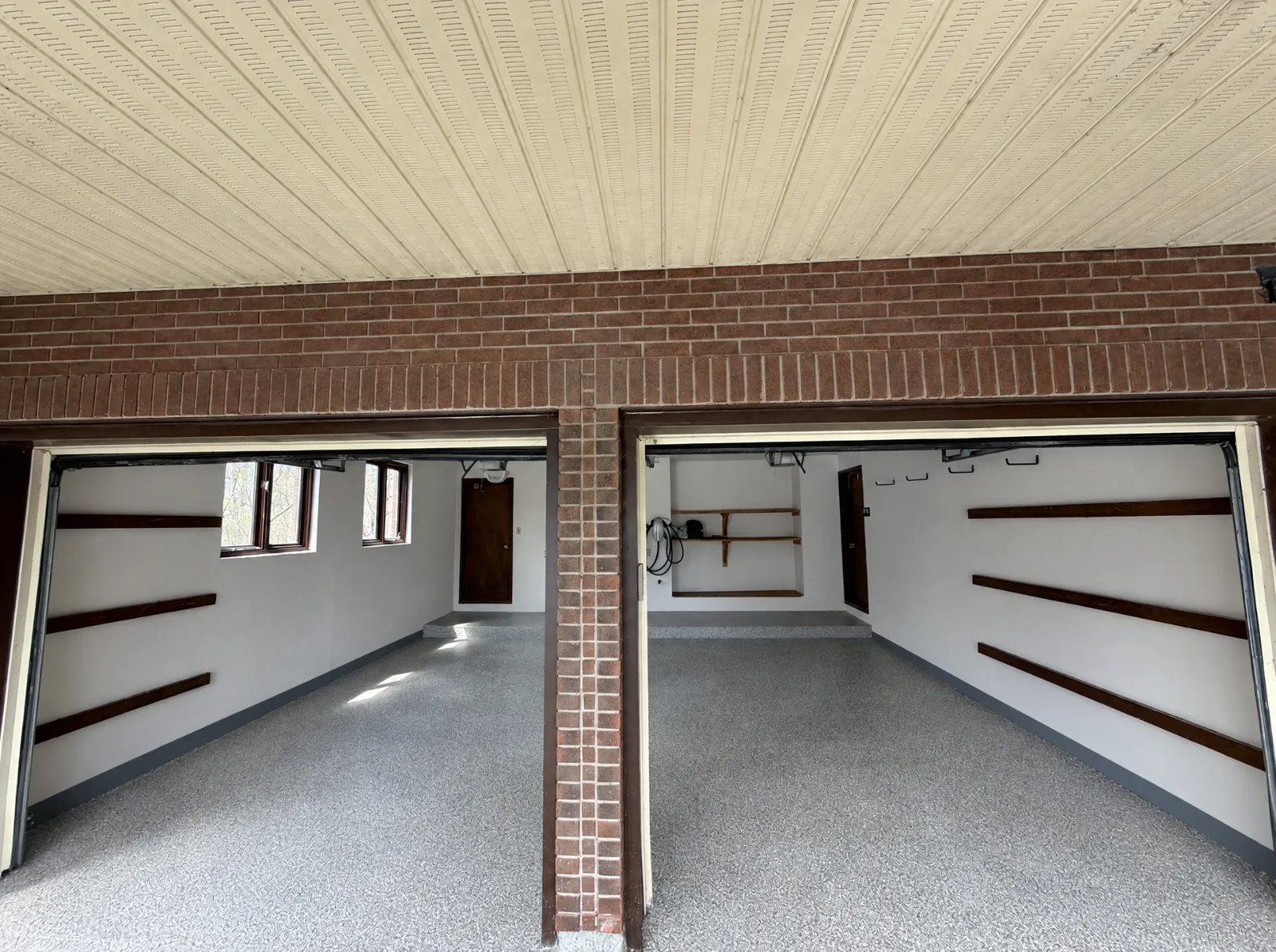 Garage with grey flake epoxy floor